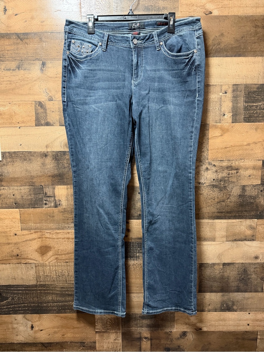 Earl Jeans Womens 16 Bootcut Blue Jeans Embellished Rhinestone Lace Pockets